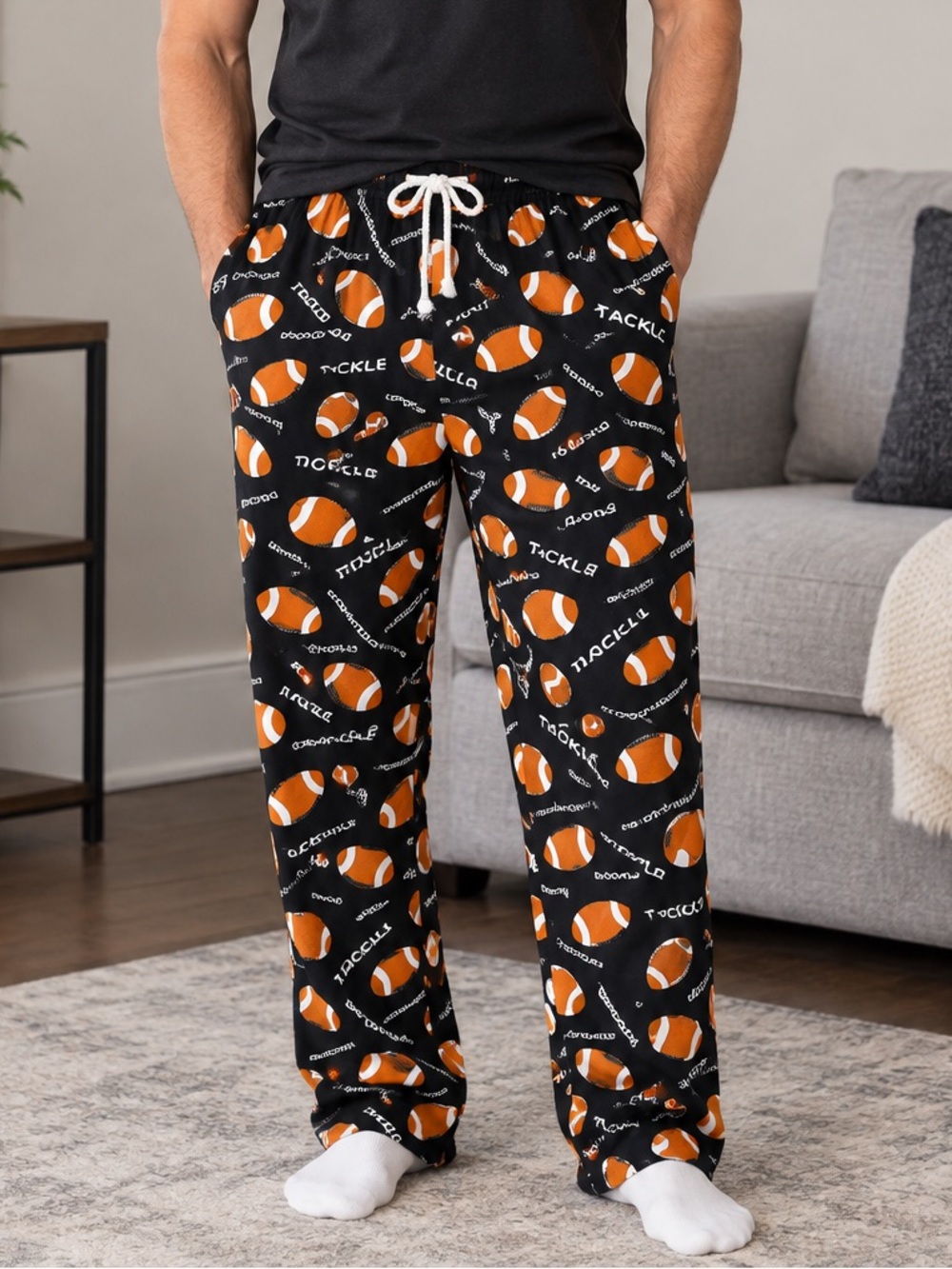 Football Lounge Pajama 100% Cotton Flannel Pants Black Orange Men Large L